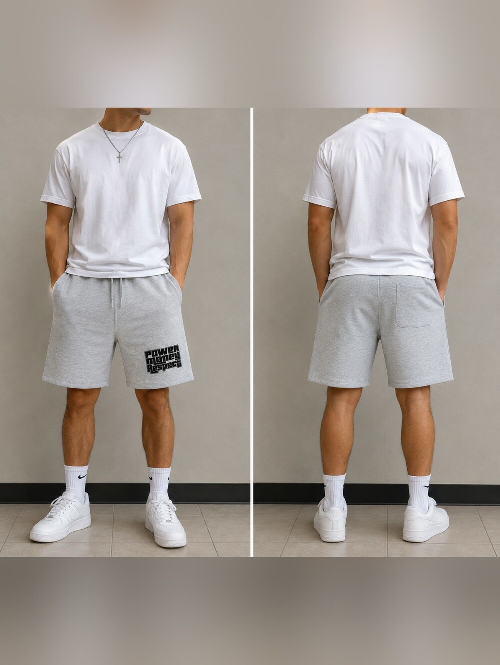 Men's Light Gray Athletic Shorts with 'Power Money Respect' Print